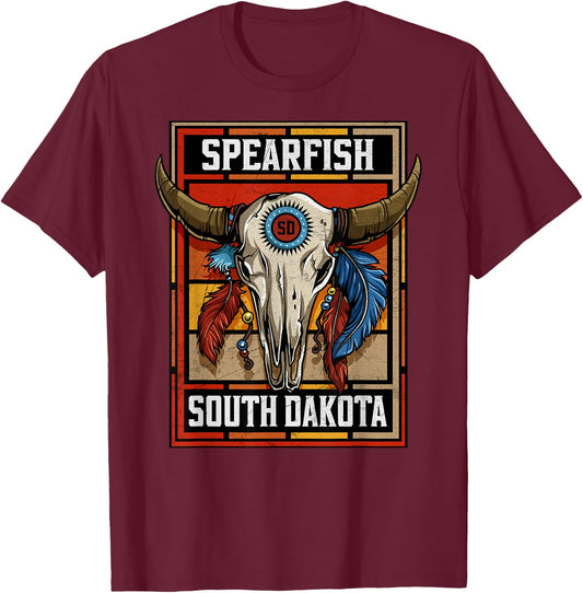 Spearfish South Dakota Native American Bison Skull T-Shirt - T-Shirt | Maroon