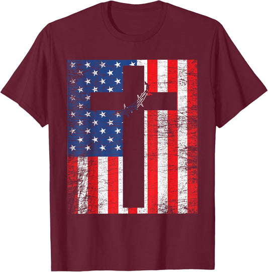 American Flag Jesus Stripes Patriotic Christian Women Men T-Shirt - T-Shirt | Maroon