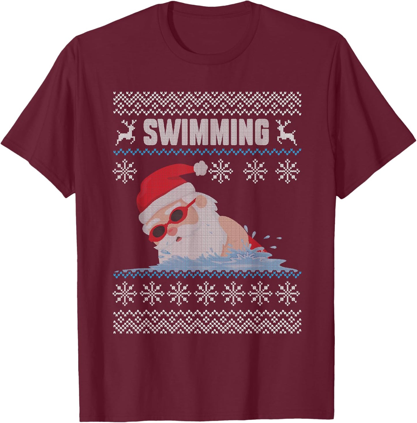 Swimming Santa Claus Swimming Pool Ugly Christmas Swimmer T-Shirt - T-Shirt | Maroon