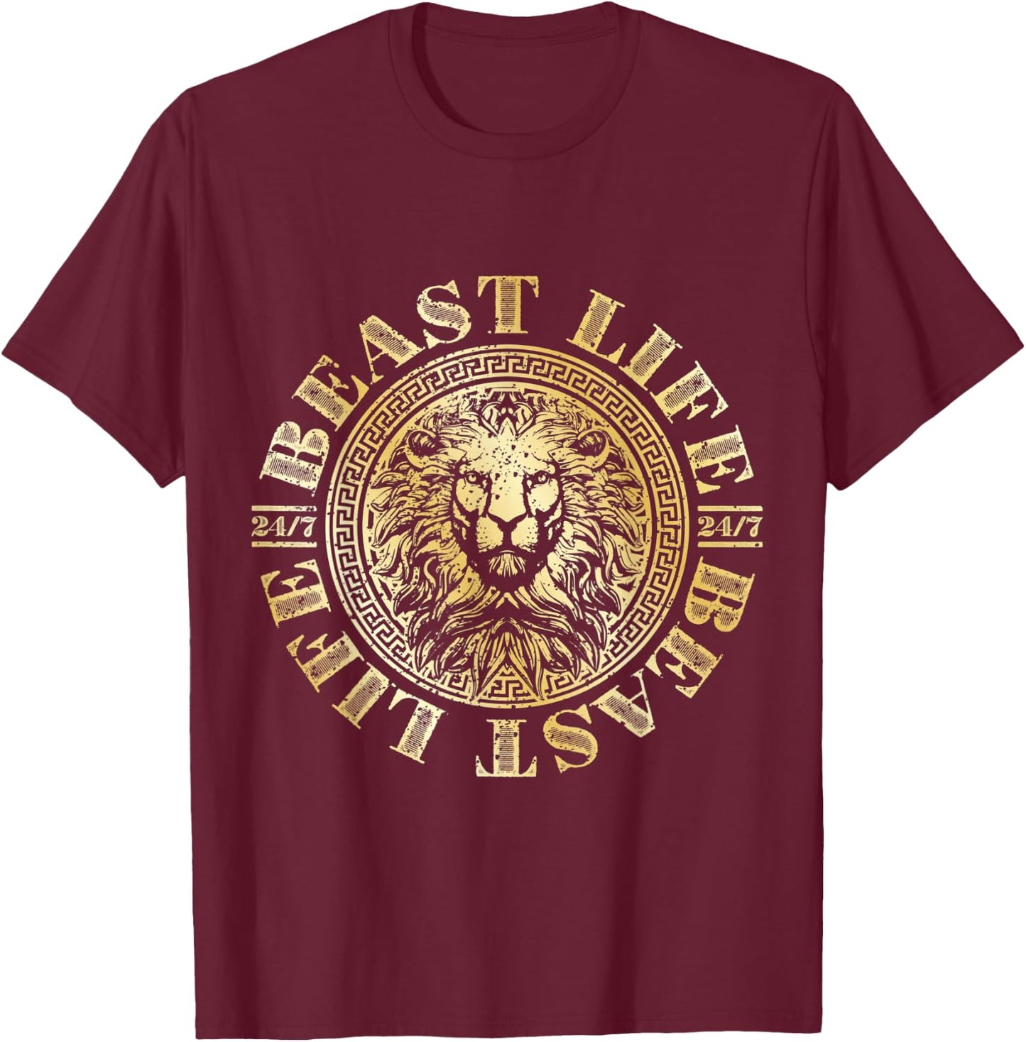 Lion Beast Life Gold Workout Motivation Gym Fitness Hustle T-Shirt - T-Shirt | Maroon