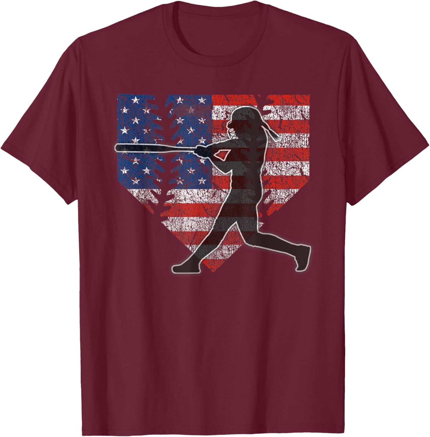 Girls Softball Batter American Flag Home Plate T-Shirt - T-Shirt | Maroon