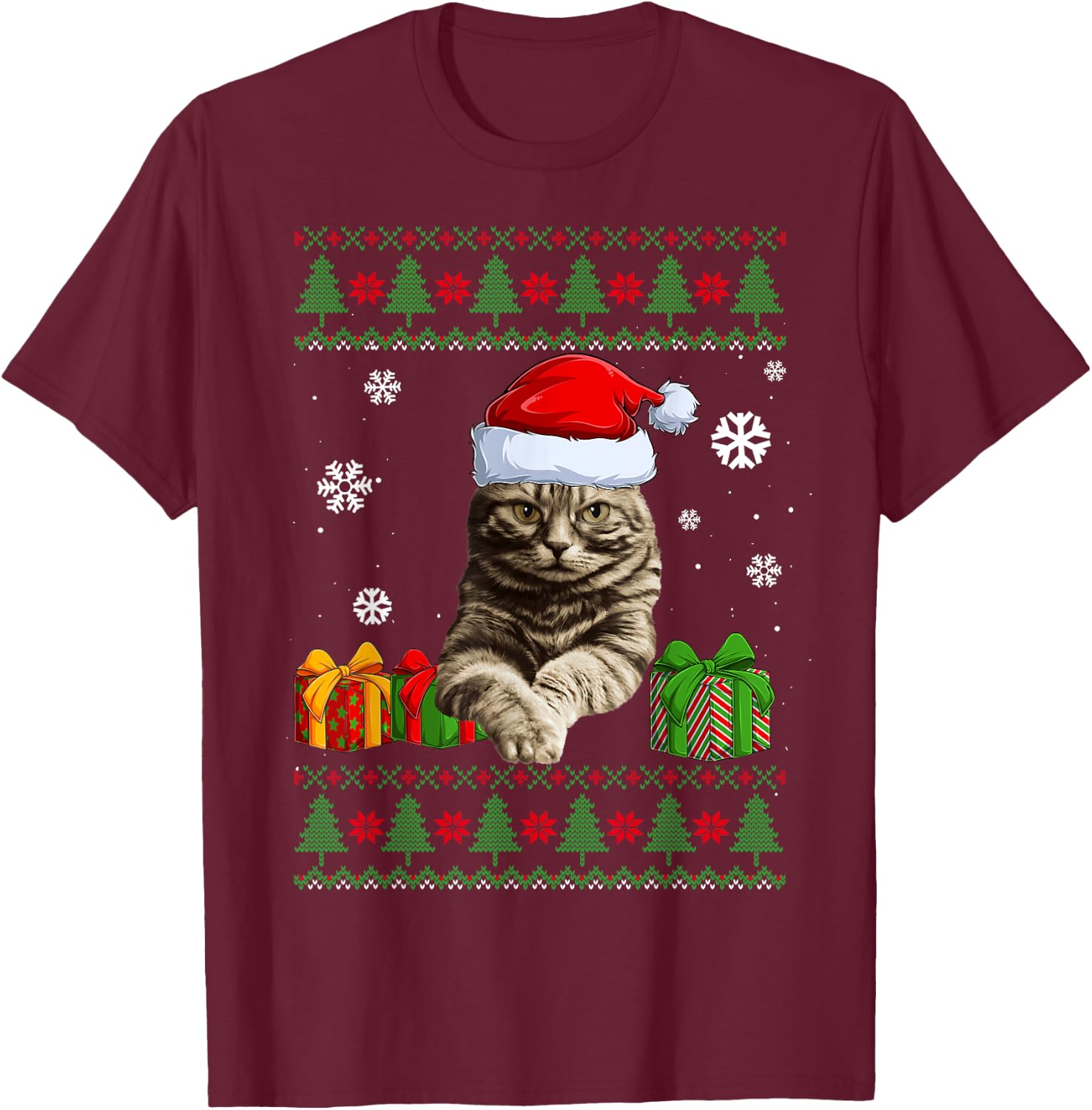 Funny Cat lovers Cute Cat Santa Hat Ugly Christmas Sweater Women Kids T-Shirt - T-Shirt | Maroon