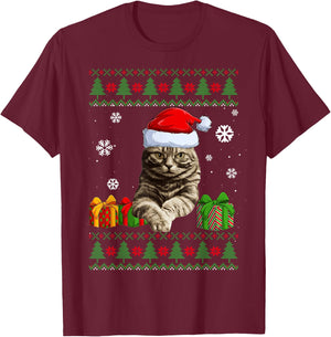 Funny Cat lovers Cute Cat Santa Hat Ugly Christmas Sweater Women Kids T-Shirt - T-Shirt | Maroon