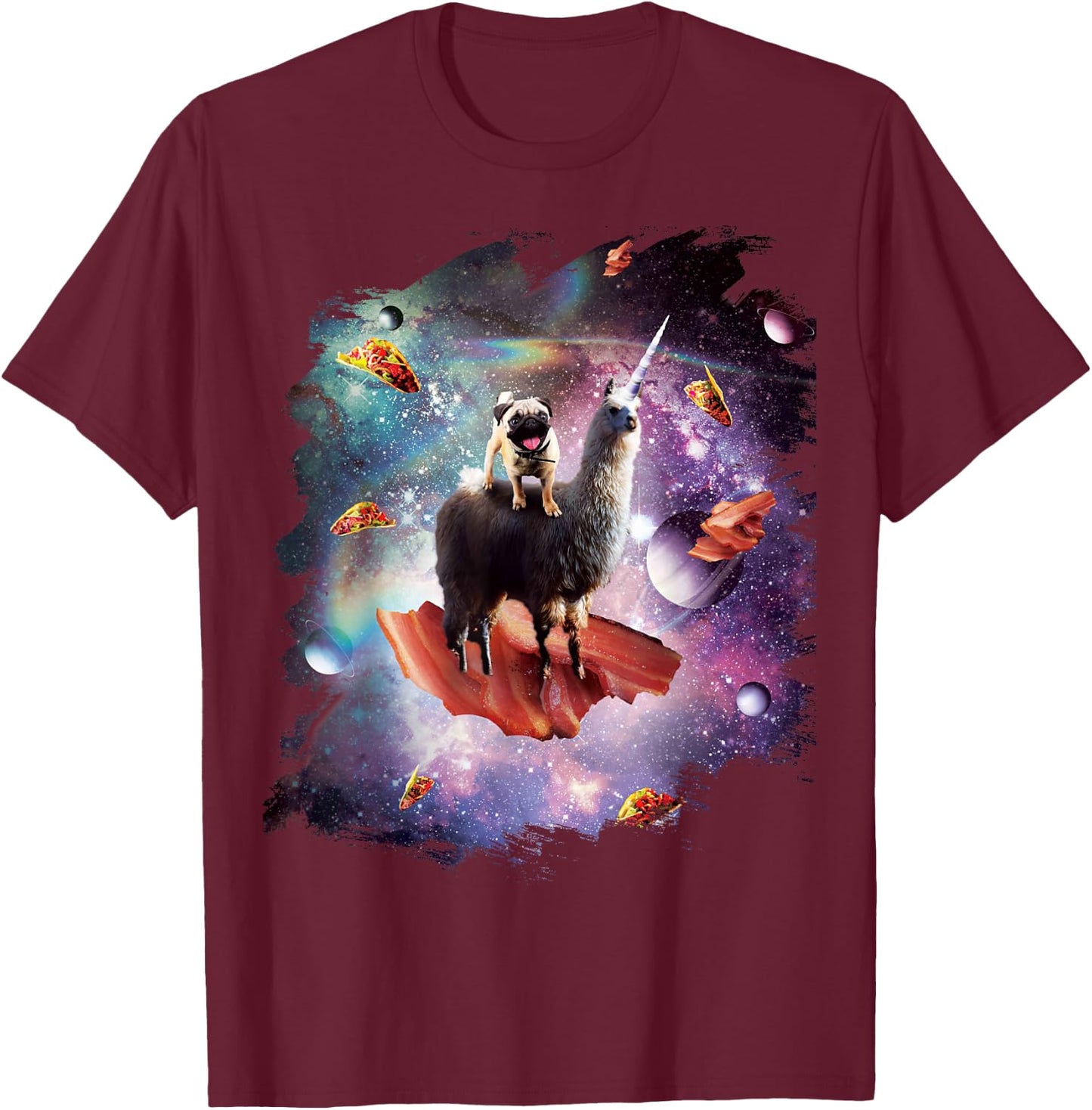 Space Pug Riding Llama Unicorn - Bacon & Taco T-Shirt - T-Shirt | Maroon