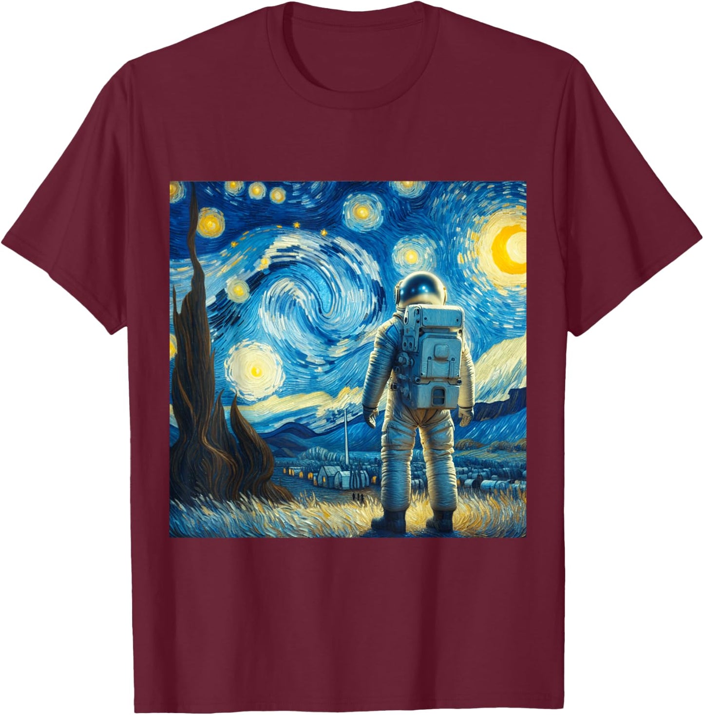 Van Gogh Starry Night Space Lovers Astronaut Lover Graphic T-Shirt - T-Shirt | Maroon