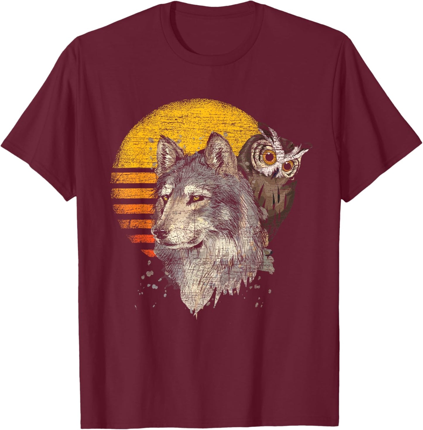 Forest Predator Ornithologist Gift Retro Wolf Owl T-Shirt - T-Shirt | Maroon