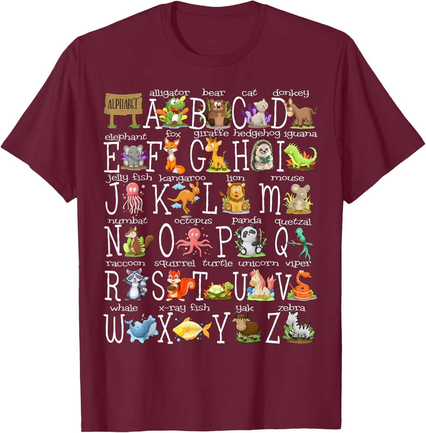 Alphabet Animals Back to School Pre-K Kindergarten Teacher T-Shirt - T-Shirt | Maroon