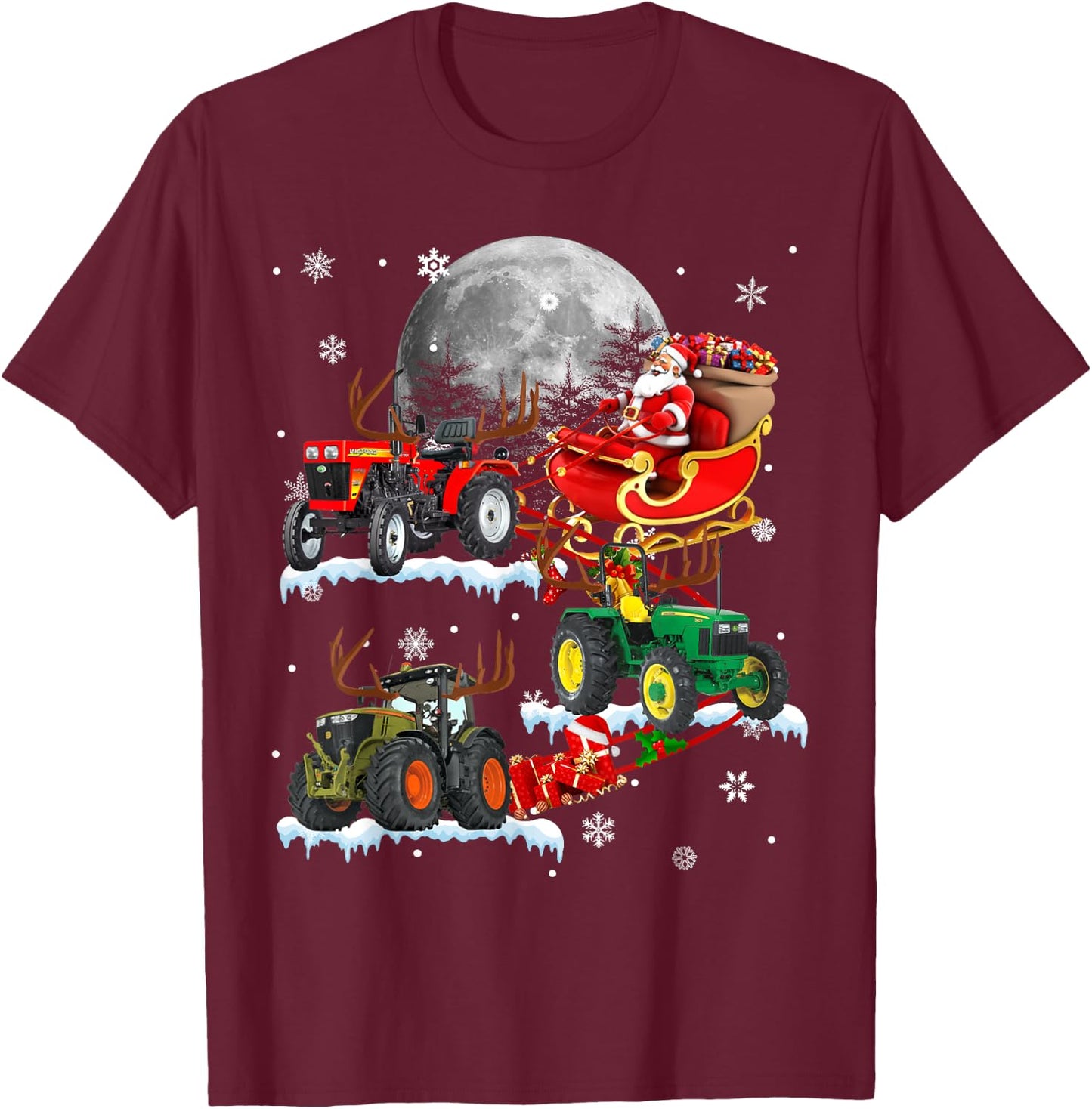 Santa Claus Riding Tractor Sleigh Christmas Tractor Driver T-Shirt - T-Shirt | Maroon