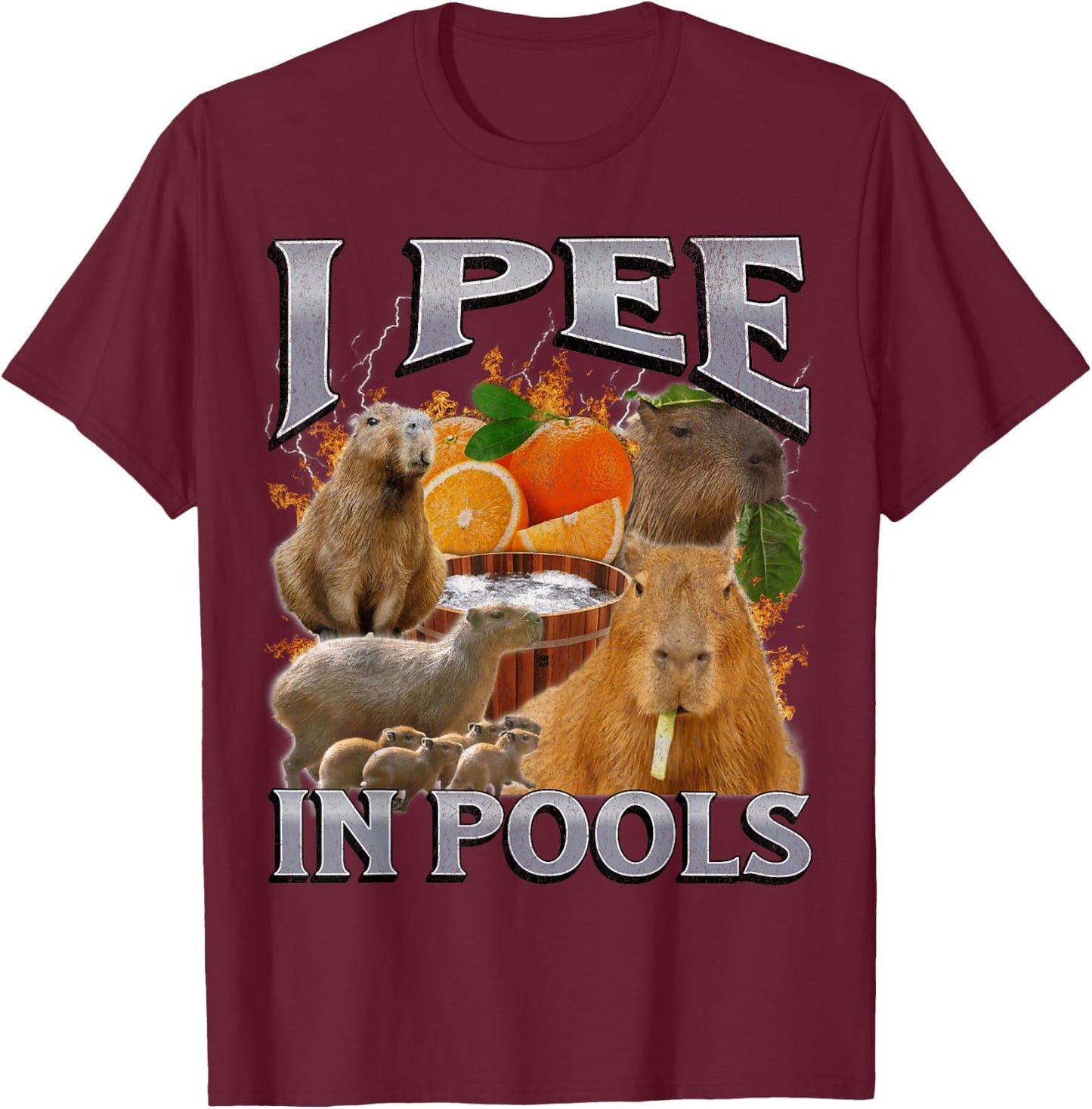 I Pee In Pools Funny Capybara Meme Bootleg Y2K Graphic T-Shirt - T-Shirt | Maroon