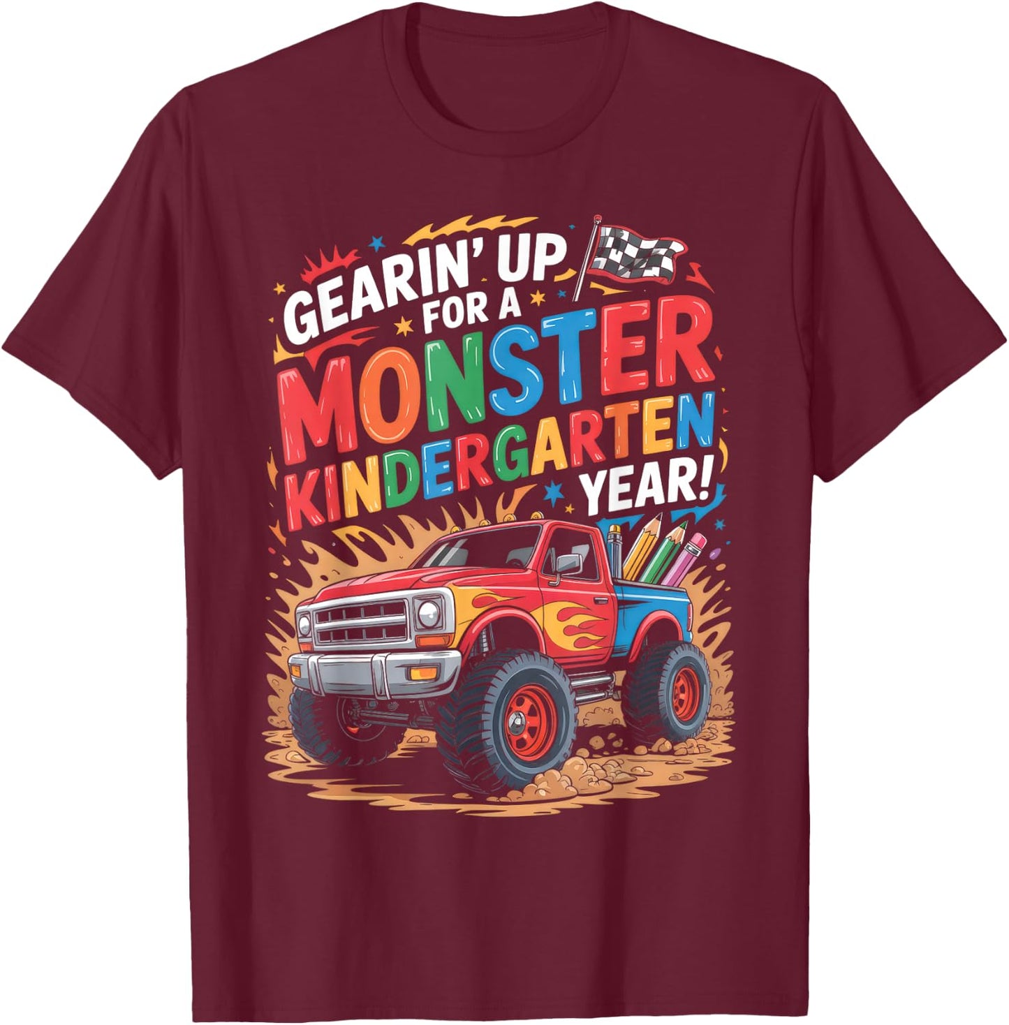 Back to School Kindergarten Monster Truck First Day Boys T-Shirt - T-Shirt | Maroon