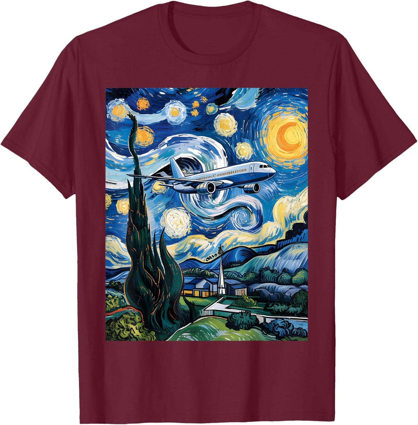 Airplane Starry Night Van Gogh Graphic Aviation Plane Pilot T-Shirt - T-Shirt | Maroon