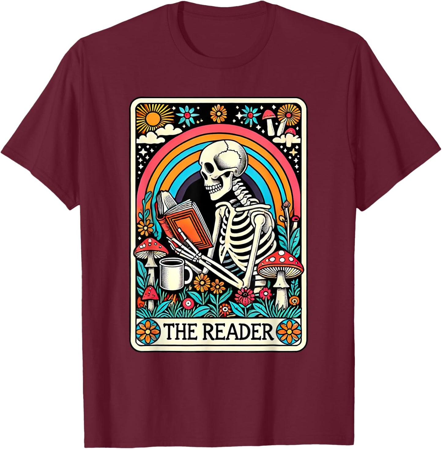 The Reader Tarot Card Skeleton Reading Book Bookworm Bookish T-Shirt - T-Shirt | Maroon