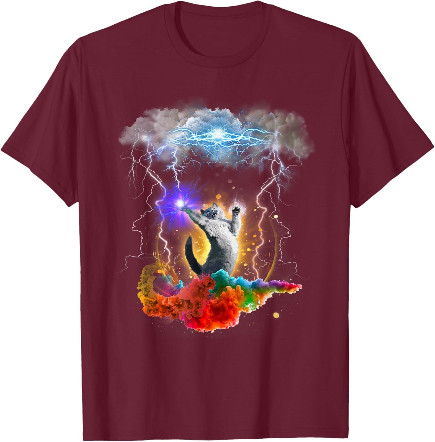 Crazy Space Cat Lightning Rainbow Men Women Kids T-Shirt - T-Shirt | Maroon
