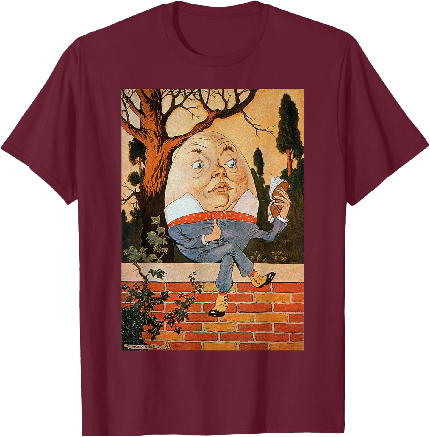 Classic Fairytale Nursery Rhymes Humpty Dumpty Sat on a Wall T-Shirt - T-Shirt | Maroon