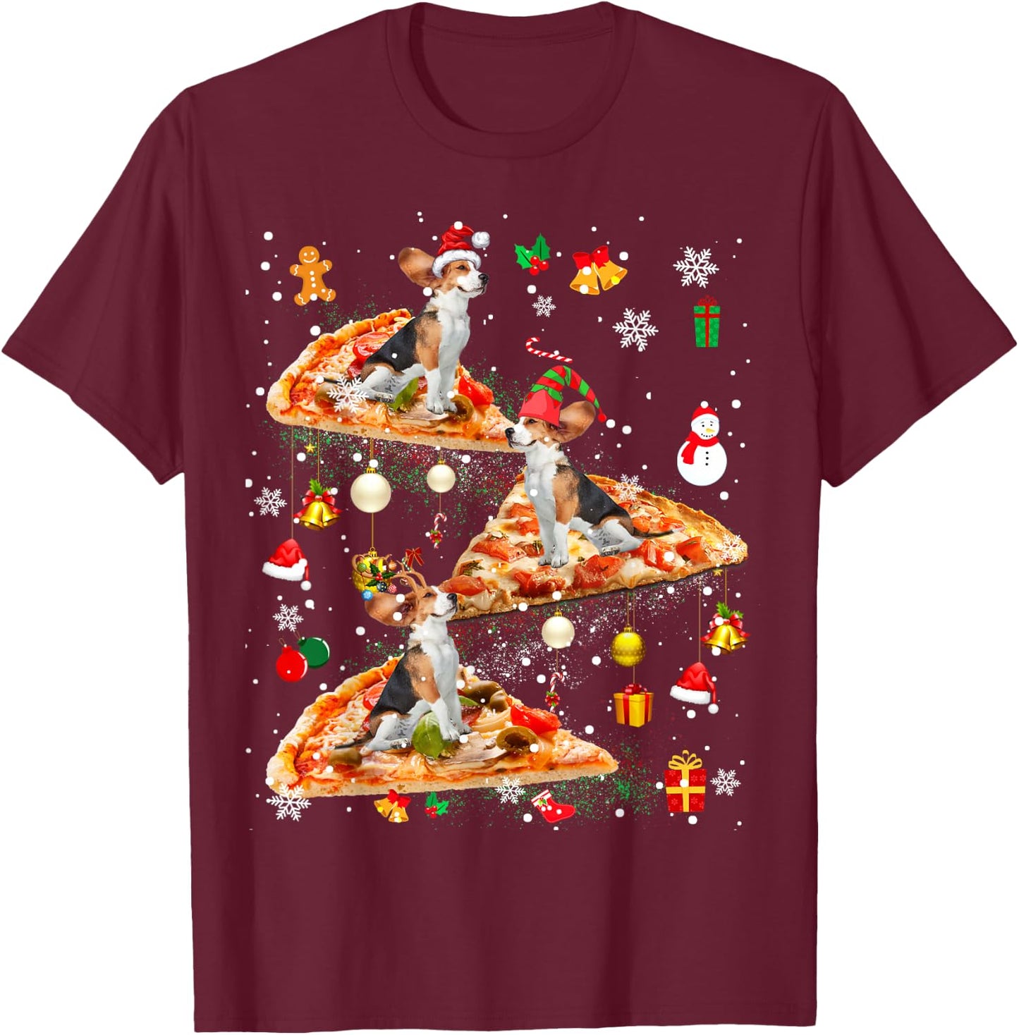 Santa Reindeer Elf Beagle Riding Pizza Galaxy Ornaments T-Shirt - T-Shirt | Maroon