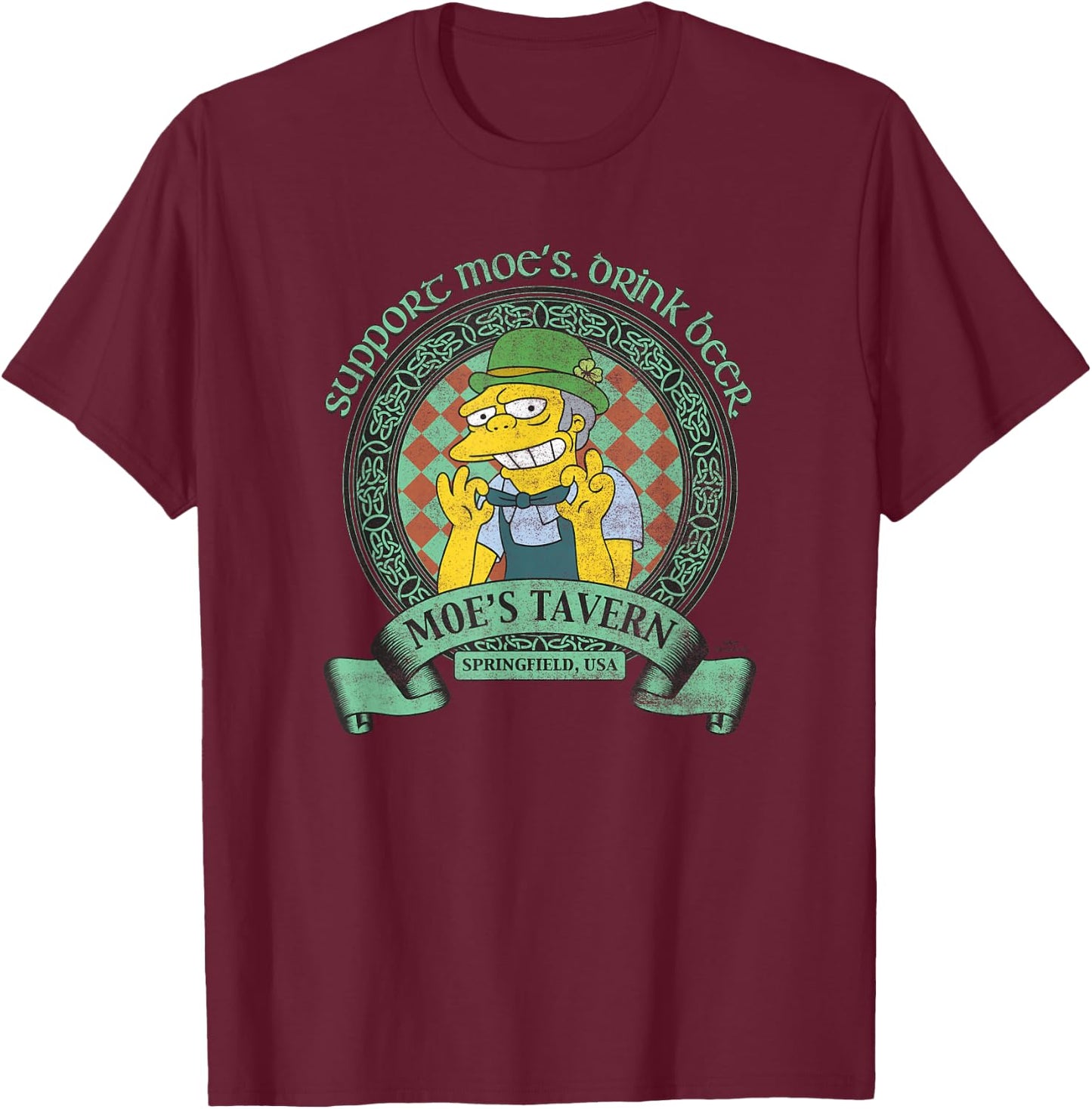 The Simpsons St. Patrick's Day Support Moe's, Drink Beer T-Shirt - T-Shirt | Maroon