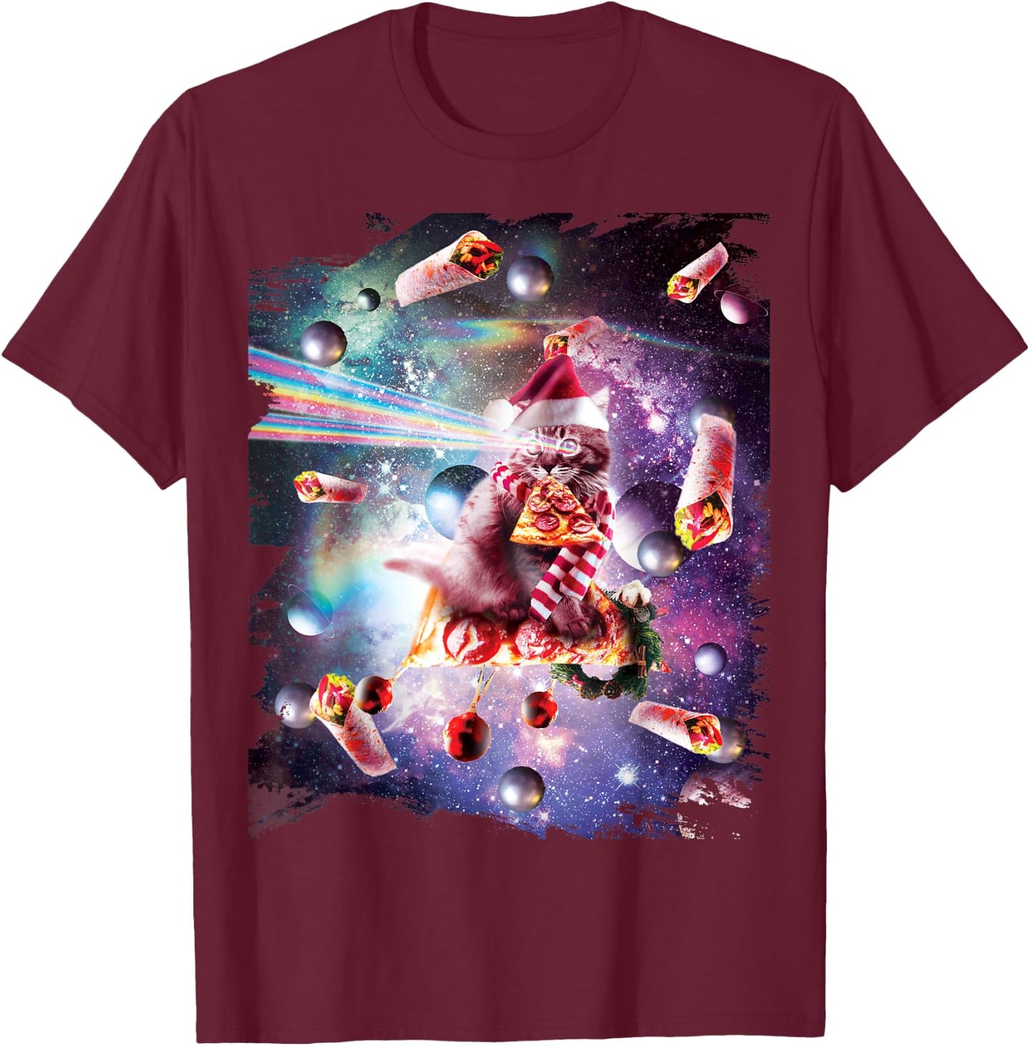 Christmas Space Cat Eating Pizza - Laser Eyes Xmas X-Mas Women Kids T-Shirt - T-Shirt | Maroon