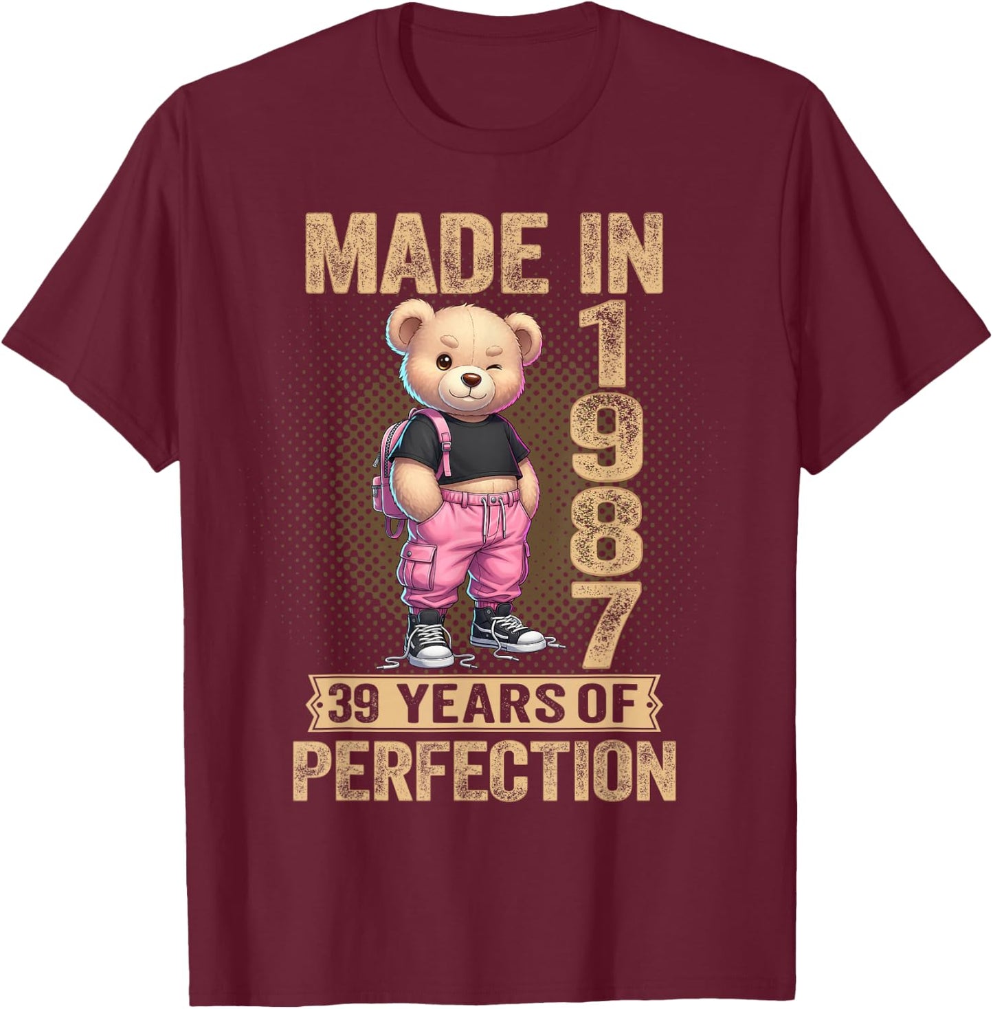 39th Birthday Made in 1987 39 Years of Being Awesome Bear T-Shirt - T-Shirt | Maroon