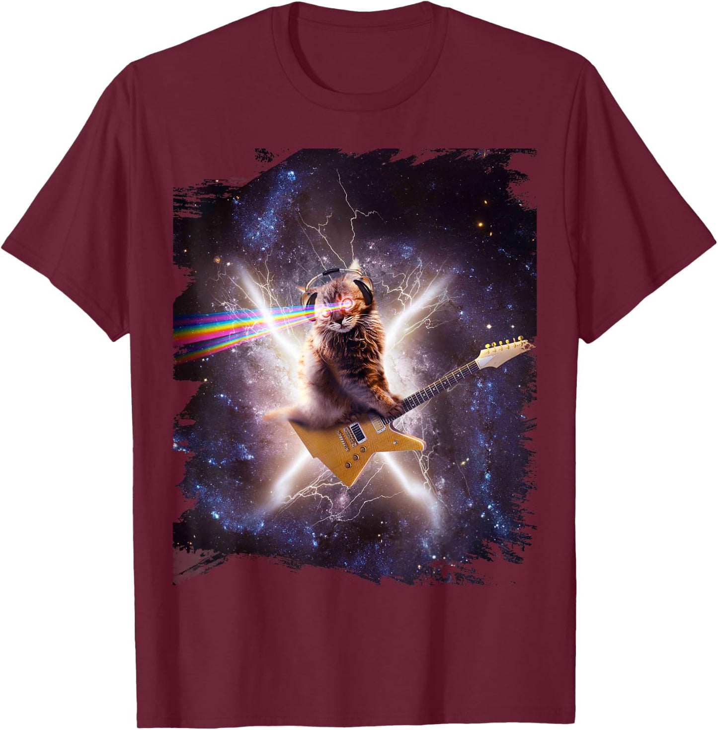 Laser Cat Riding Guitar In Outer Space Galaxy Lightning T-Shirt - T-Shirt | Maroon