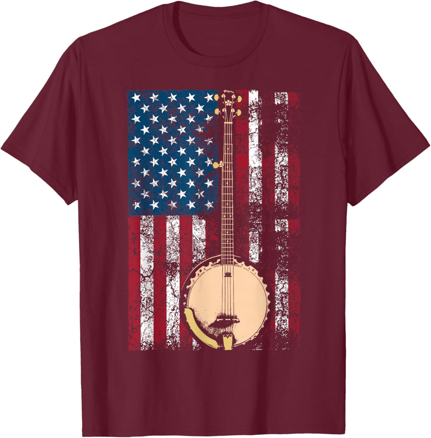 Cool USA Country Musical Instruments America Art Banjo In American Flag Bluegrass | Cute Fiddle Players Gift T-Shirt - T-Shirt | Maroon