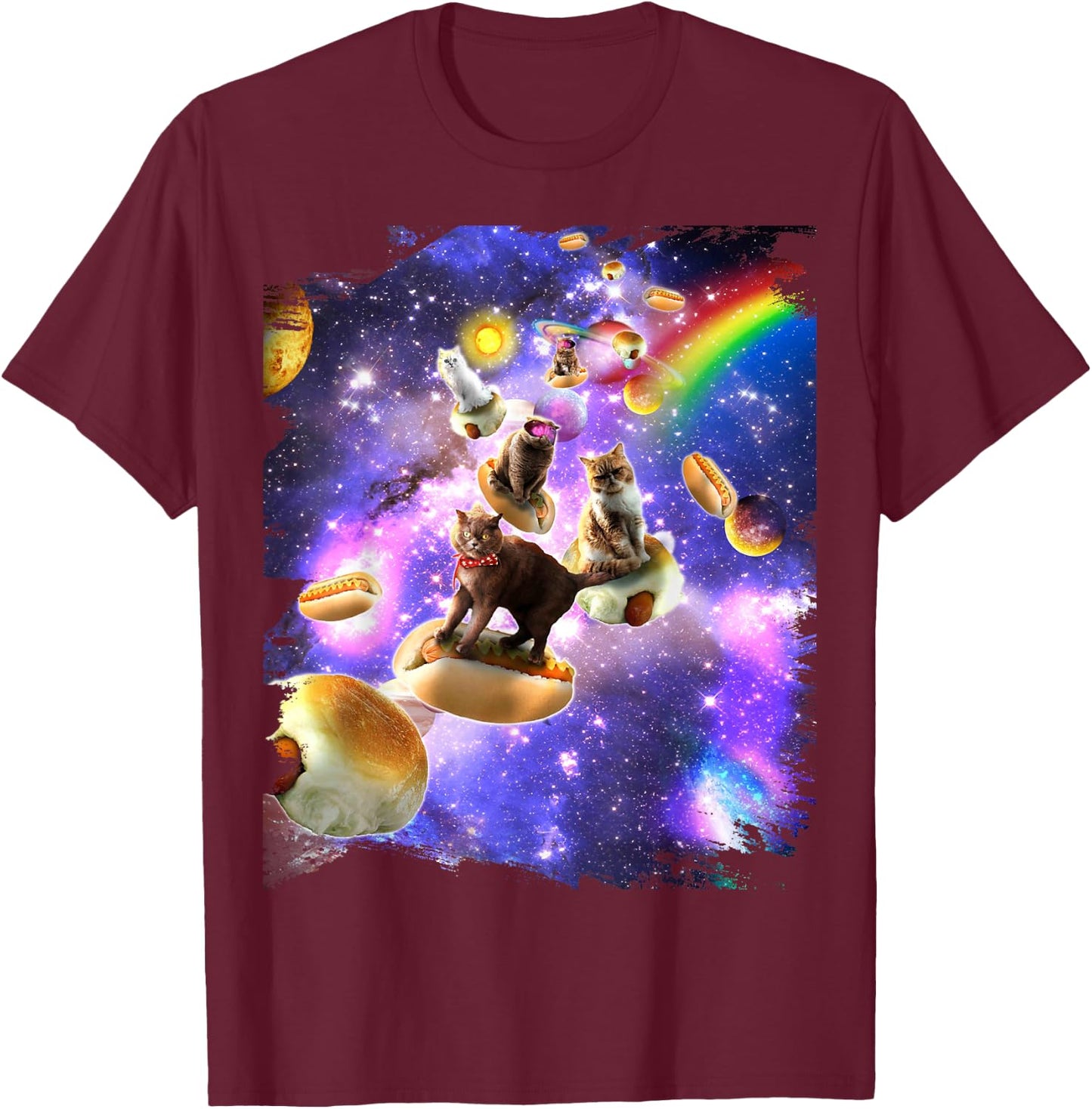 Space Cats Riding Hot Dogs Cat In Rainbow Galaxy T-Shirt - T-Shirt | Maroon