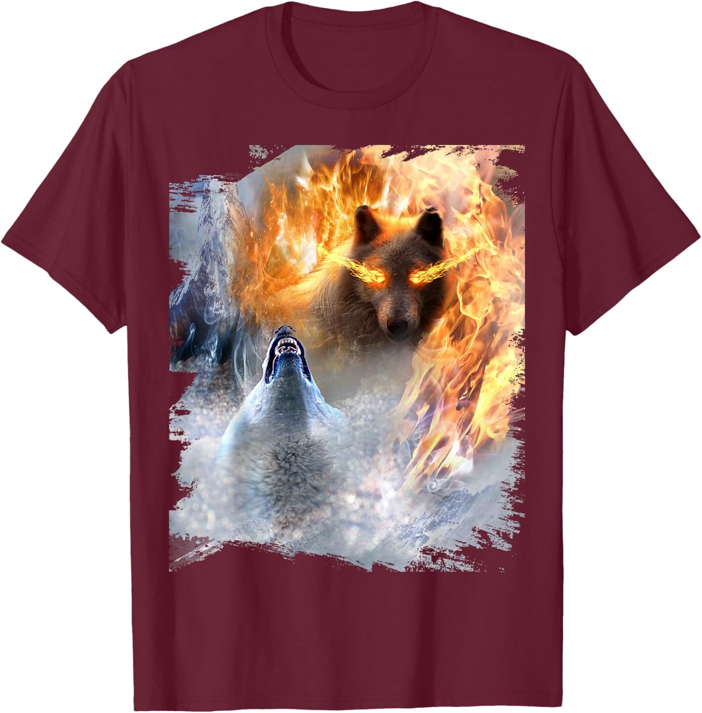 Fire And Ice Wolf Snowy Good And Evil Wolves T-Shirt - T-Shirt | Maroon
