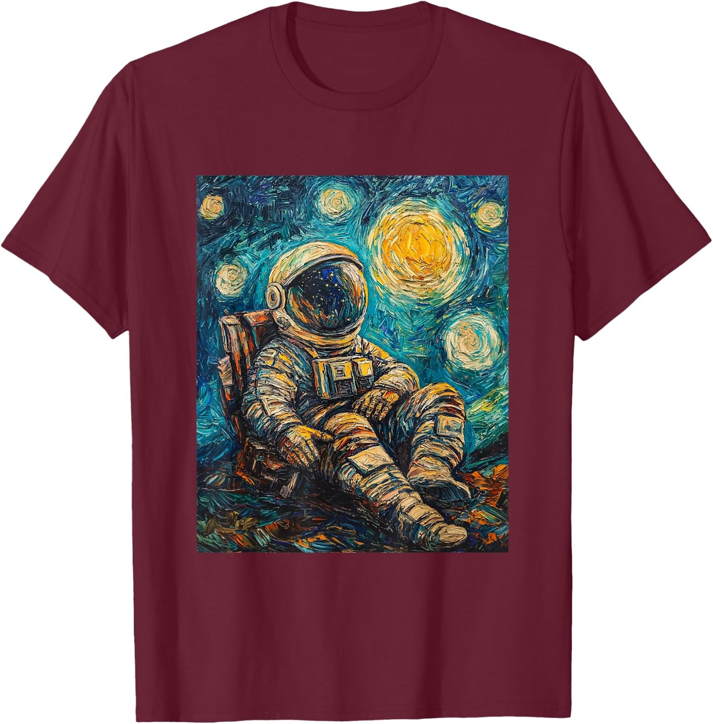 Astronaut Van Gogh Style Starry Night Funny Graphic T-Shirt - T-Shirt | Maroon