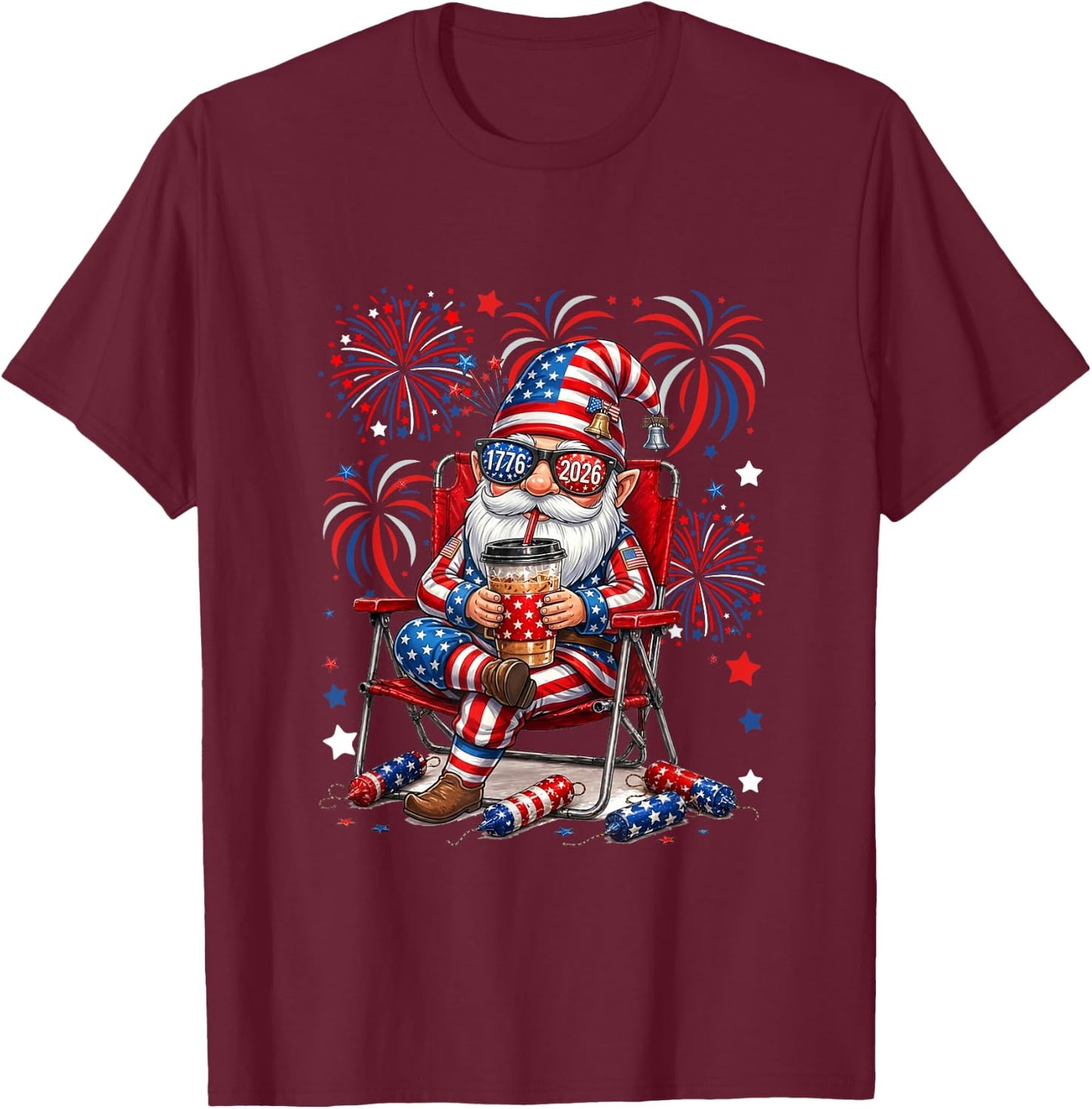 Gnome Sunglasses US Flag Drinking Coffee 4th July Patriotic T-Shirt - T-Shirt | Maroon