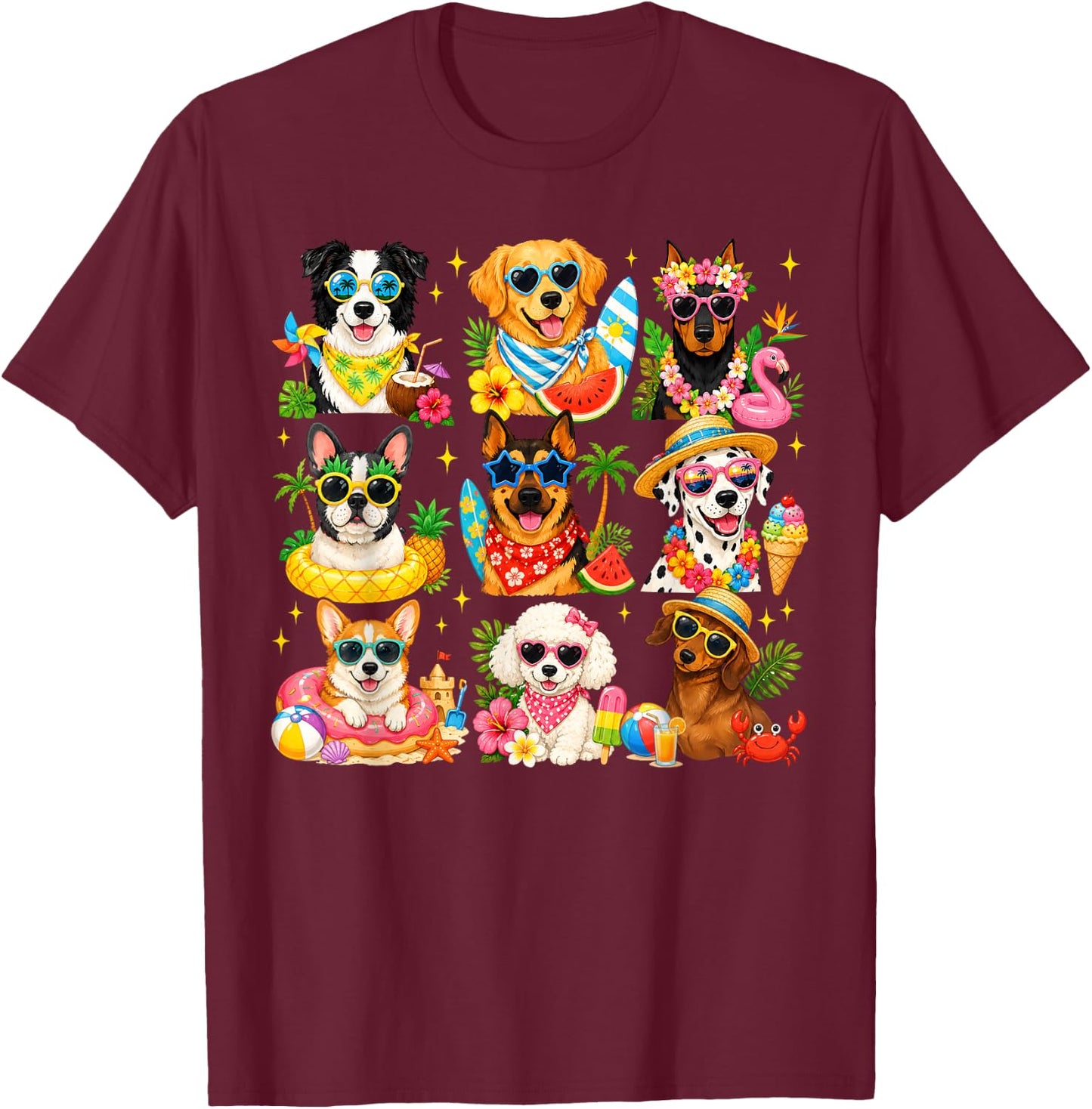 Funny Dogs in Sunglasses Summer Beach Vacation Dog Lovers T-Shirt - T-Shirt | Maroon