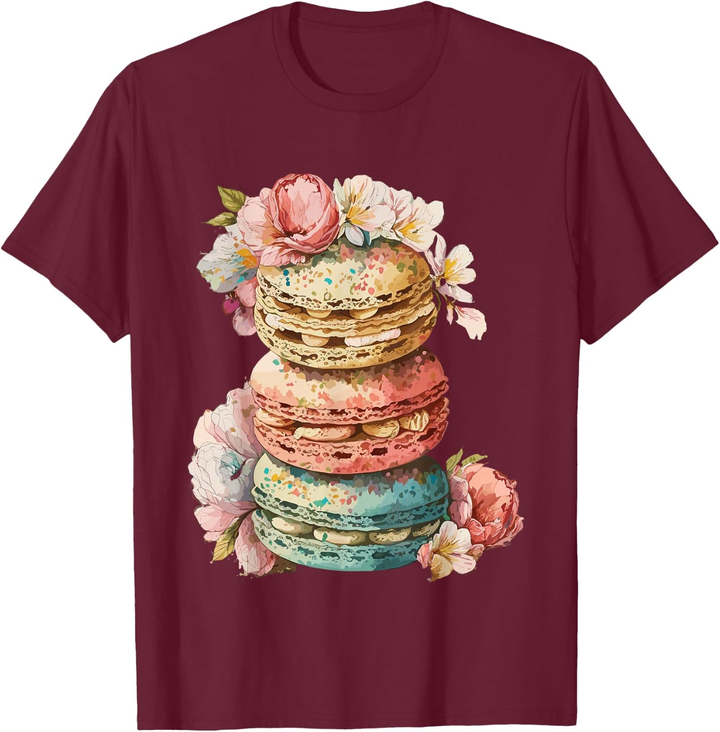 French Macarons Cookies Dessert Pastel Floral Macaron Baker T-Shirt - T-Shirt | Maroon
