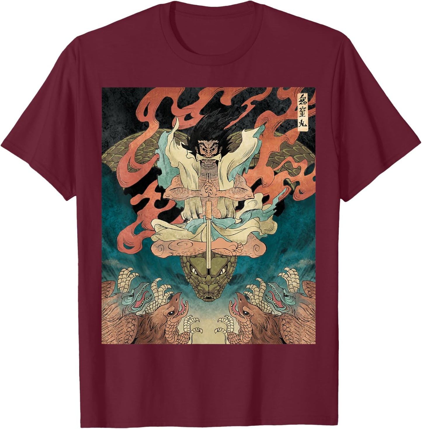 Japanese Vintage Artwork Tengu Gods Defeat Evil Snake Fan T-Shirt - T-Shirt | Maroon