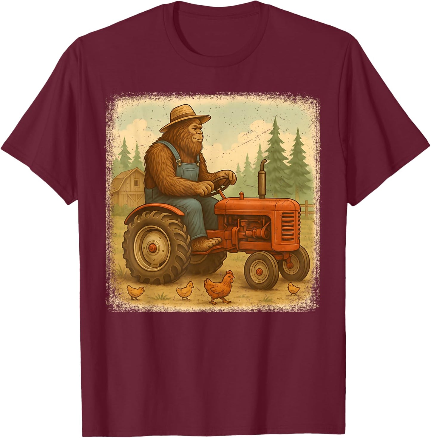 Bigfoot Driving Tractor Sasquatch Farmer Funny Farming T-Shirt - T-Shirt | Maroon