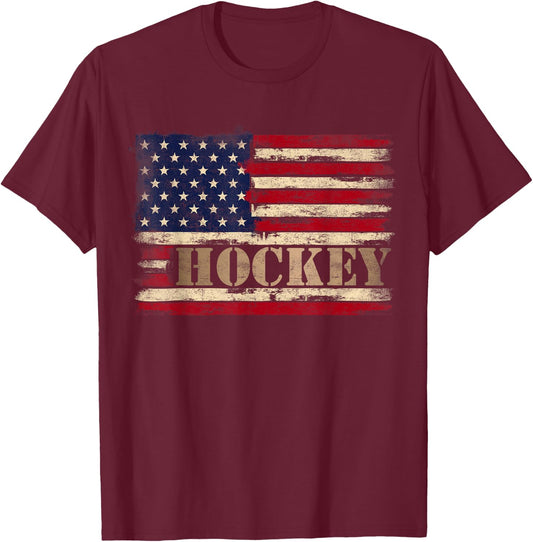Retro Hockey Bold Text USA Flag Player Coach T-Shirt - T-Shirt | Maroon