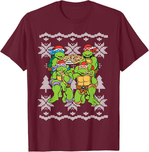 TMNT Ugly X-Mas Snow Flakes With Santa Hats T-Shirt - T-Shirt | Maroon