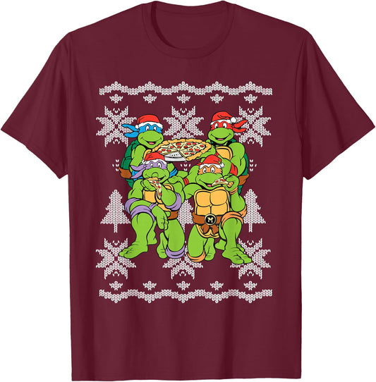 TMNT Ugly X-Mas Snow Flakes With Santa Hats T-Shirt - T-Shirt | Maroon