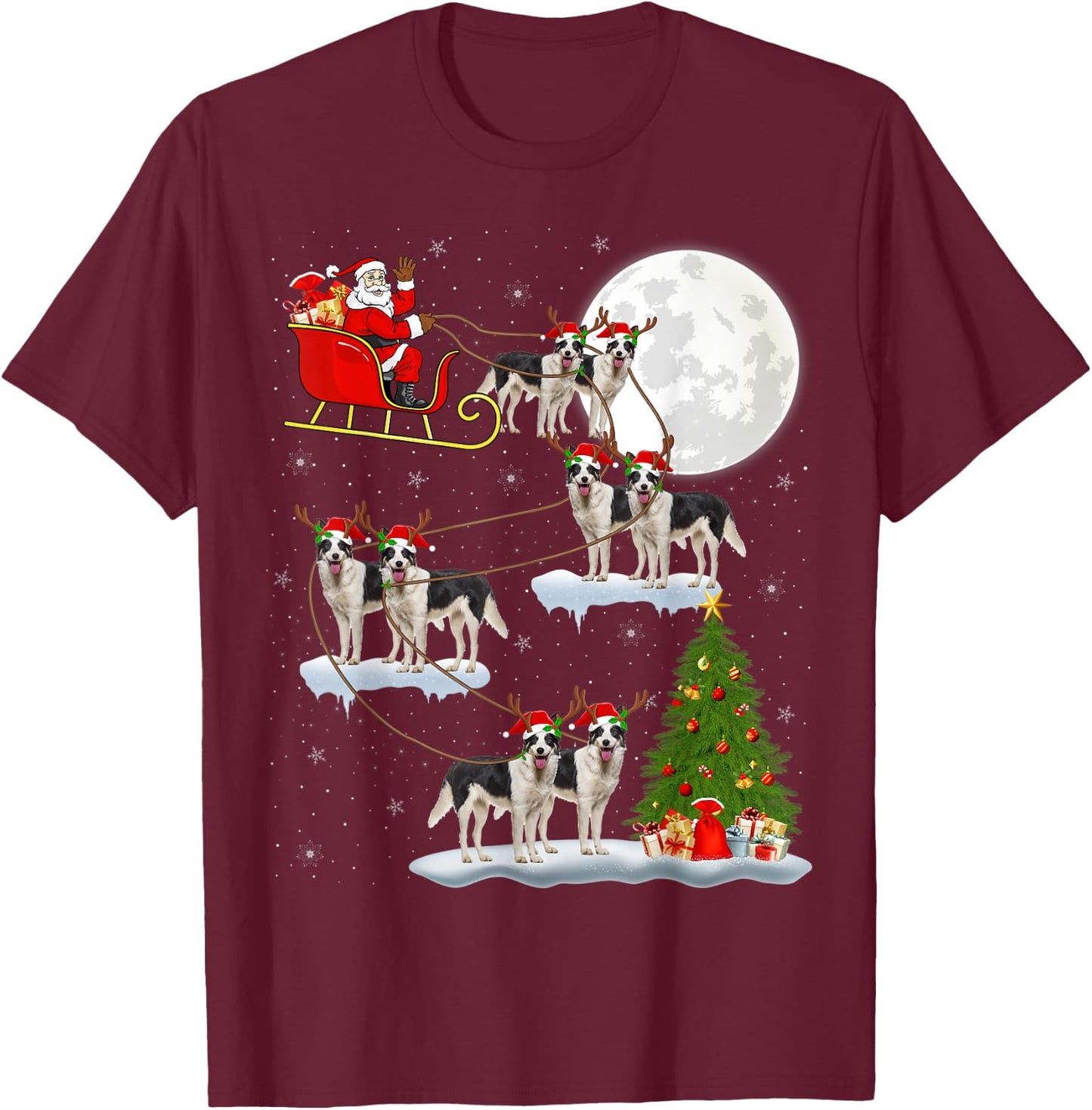 Xmas Lighting Tree Santa Riding Border Collie Christmas T-Shirt - T-Shirt | Maroon