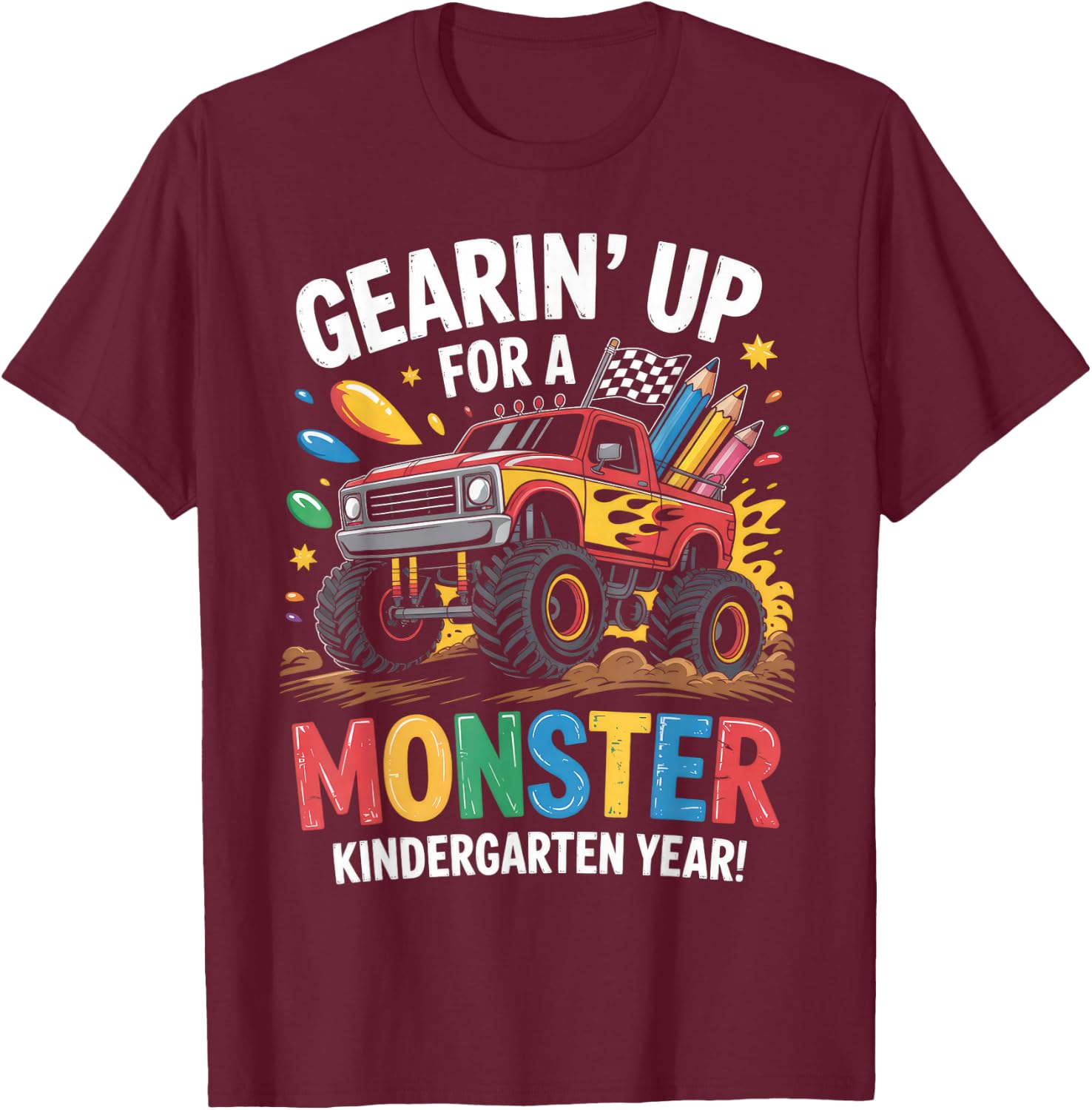 Back to School Kindergarten Monster Truck First Day Boys T-Shirt - T-Shirt | Maroon