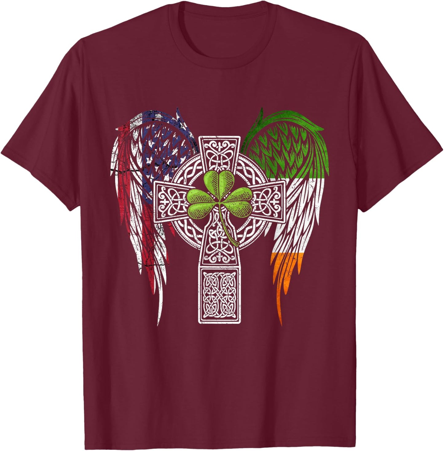 USA Flag Celtic Cross Irish American St Patrick's Day T-Shirt - T-Shirt | Maroon