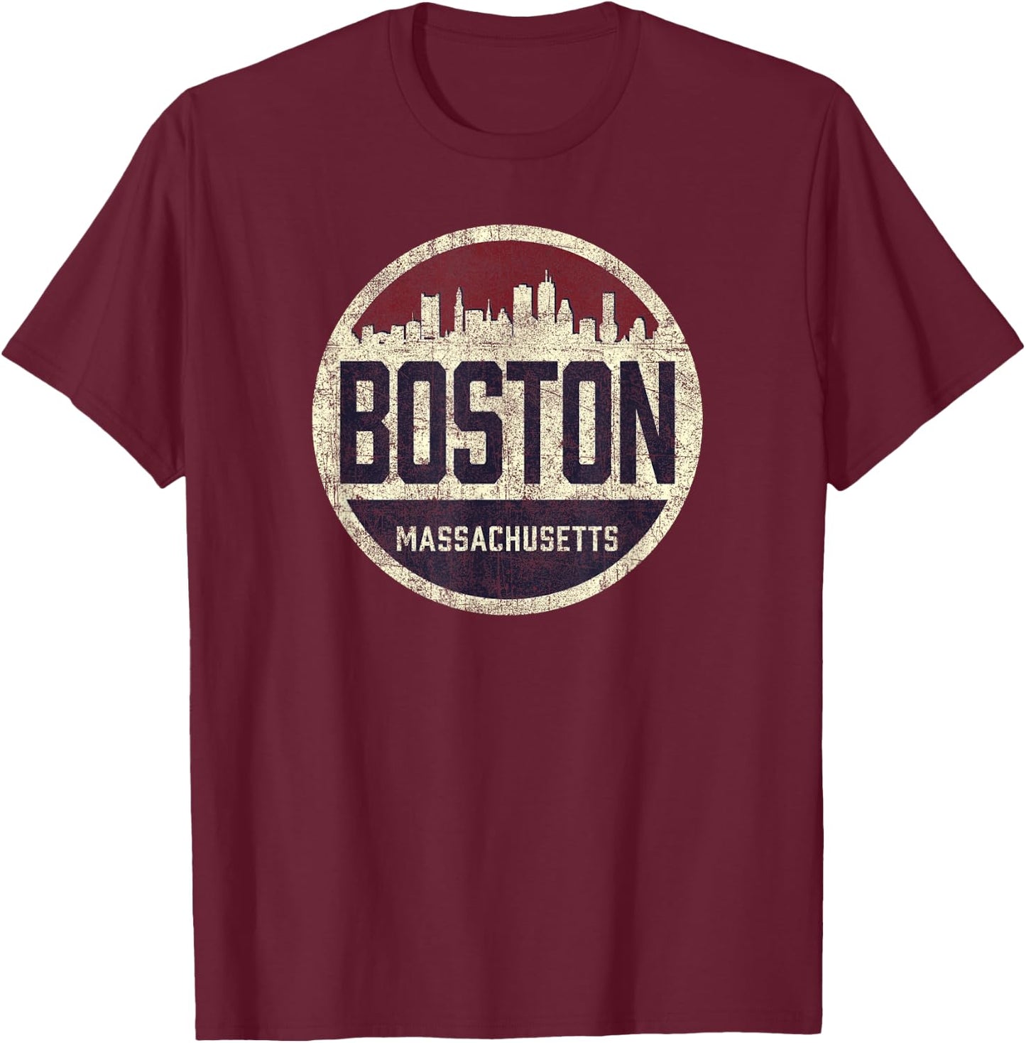 Retro Boston Massachusetts Skyline distressed graphic T-Shirt - T-Shirt | Maroon