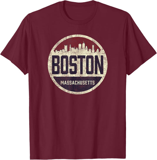 Retro Boston Massachusetts Skyline distressed graphic T-Shirt - T-Shirt | Maroon