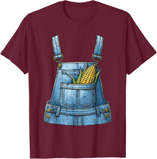 Funny Corn Denim Overalls Pocket Farm Vegetable Vintage T-Shirt - T-Shirt | Maroon