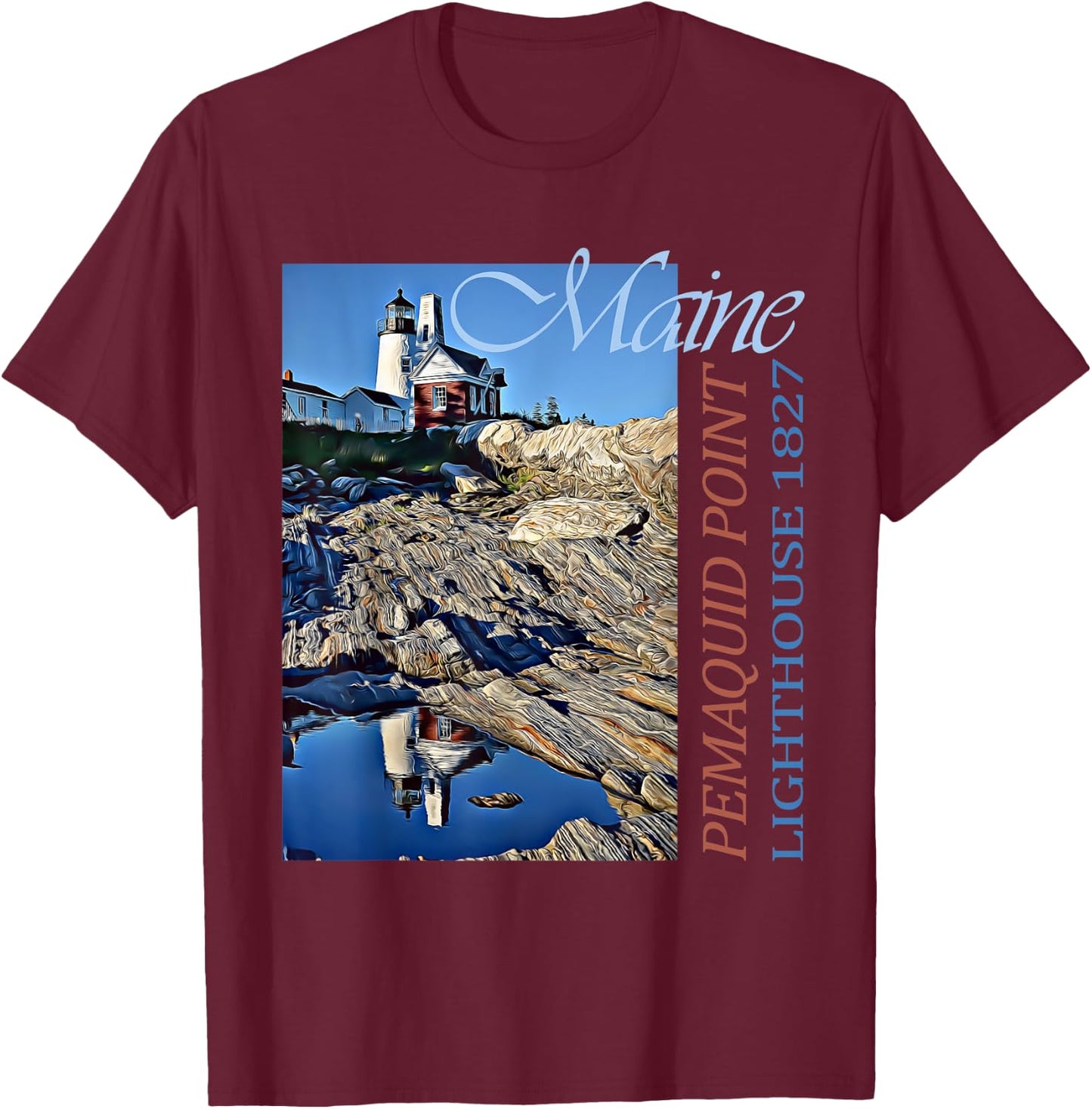 Pemaquid Point Lighthouse Maine 1827 Design T-Shirt - T-Shirt | Maroon