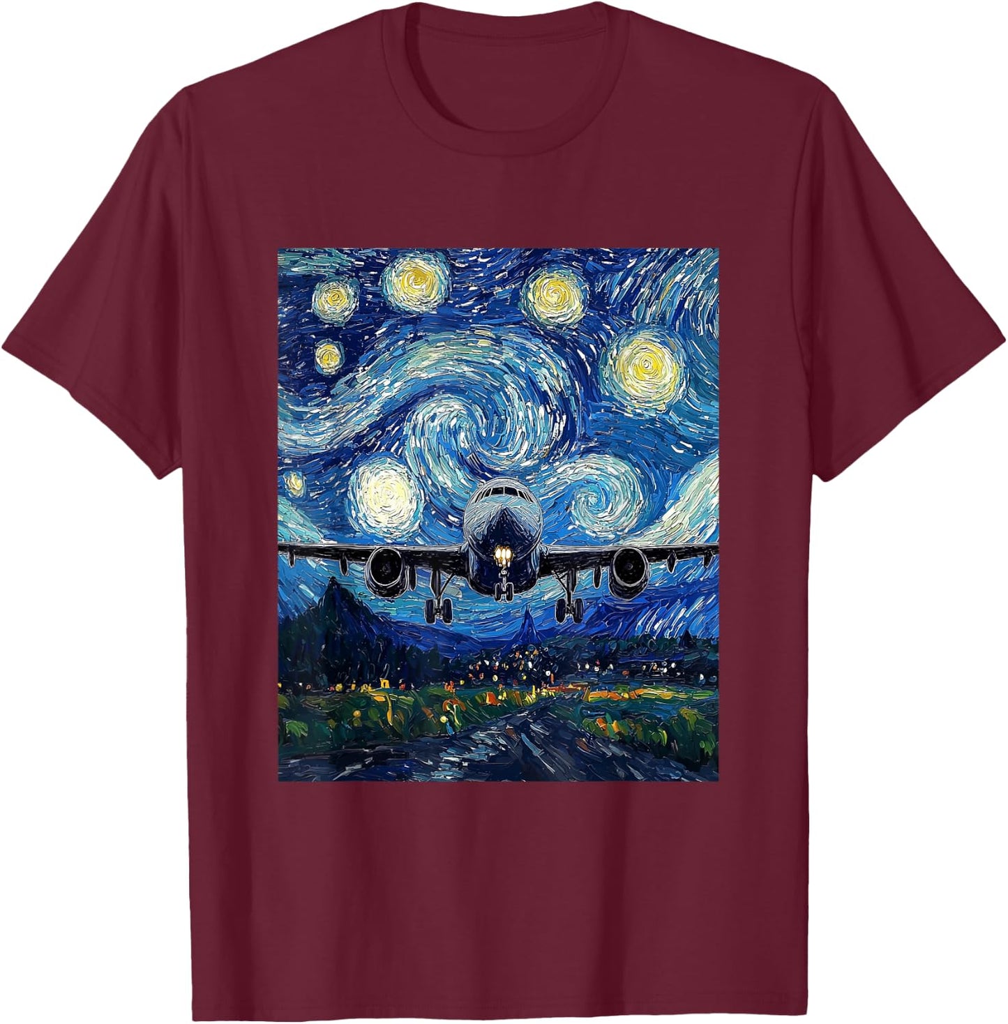 Airplane Flight Pilot Van Gogh Style Starry Night Graphic T-Shirt - T-Shirt | Maroon