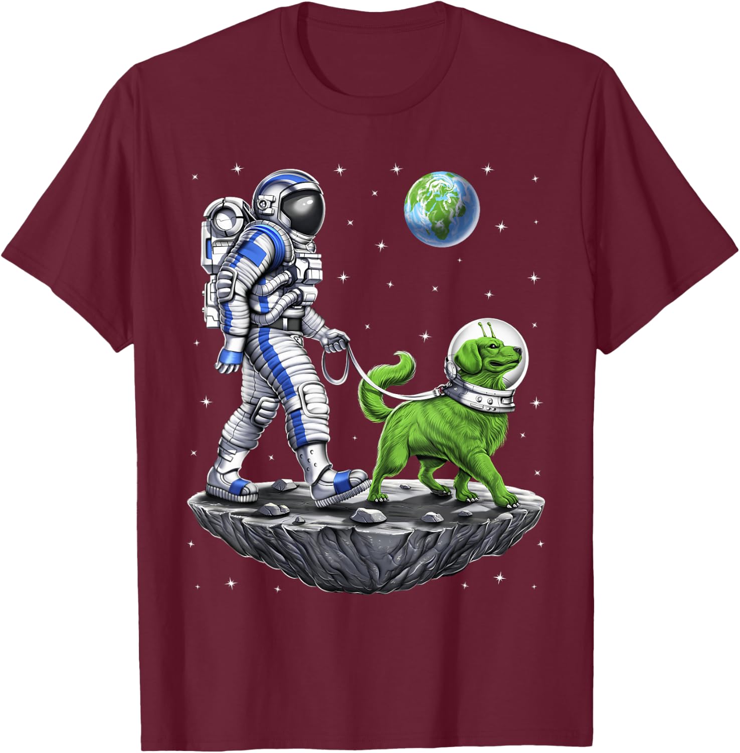 Space Astronaut Walking Alien Dog Planet Earth T-Shirt - T-Shirt | Maroon