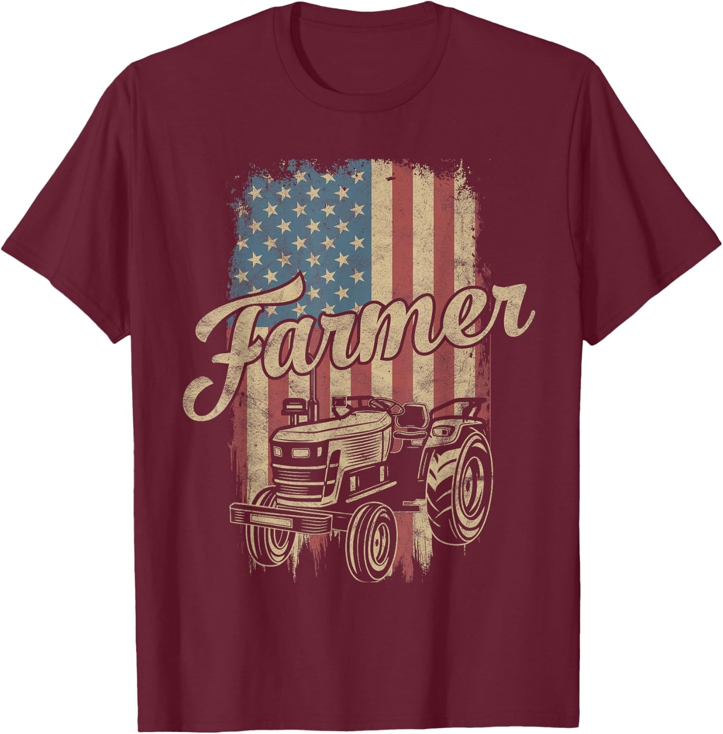 Farmer American Flag Retro Farming Tractor Usa Patrioticic Women Kids Men T-Shirt - T-Shirt | Maroon