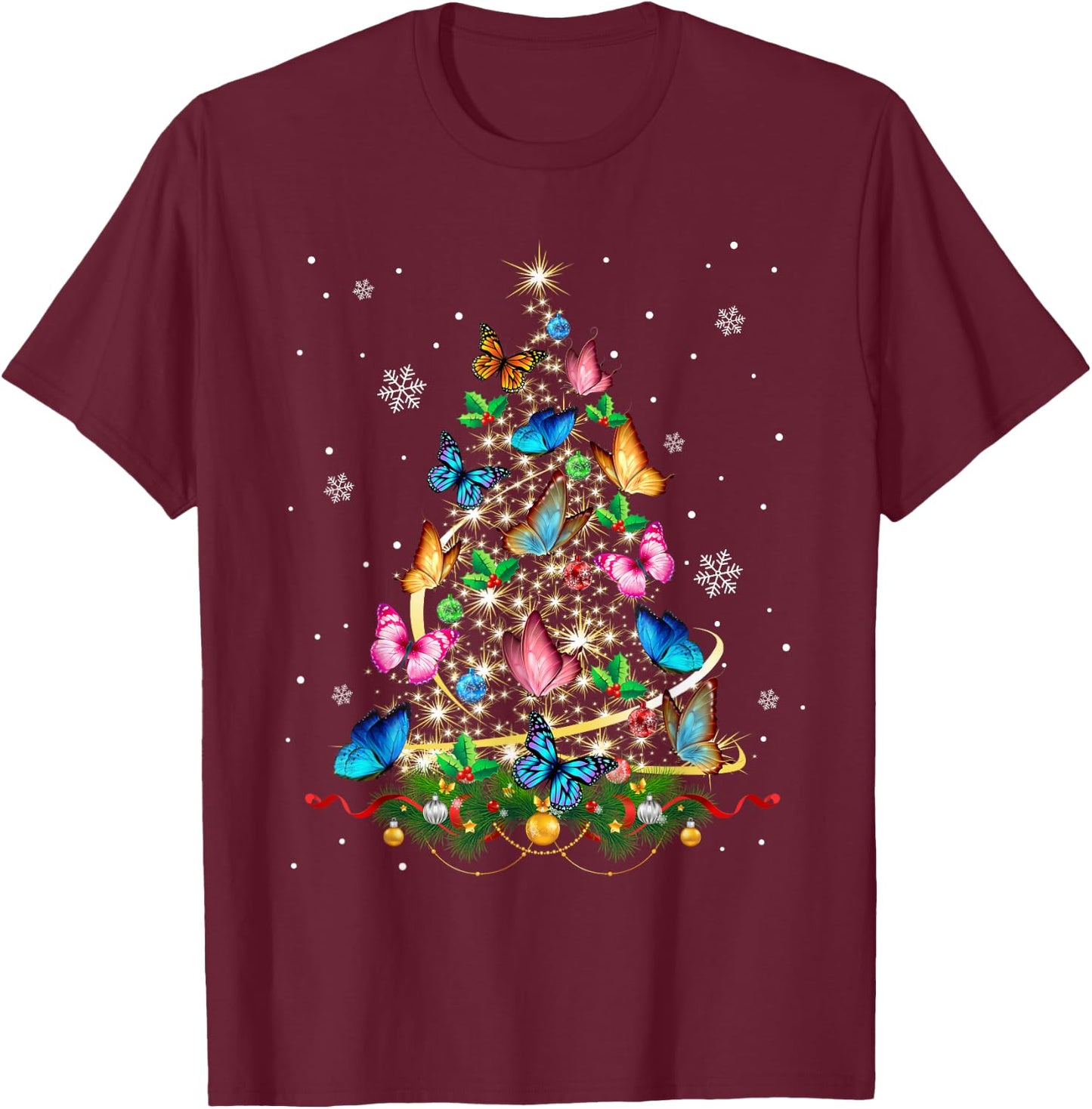 Butterfly Christmas Tree Lights Girl Xmas Pajama Butterfly T-Shirt - T-Shirt | Maroon