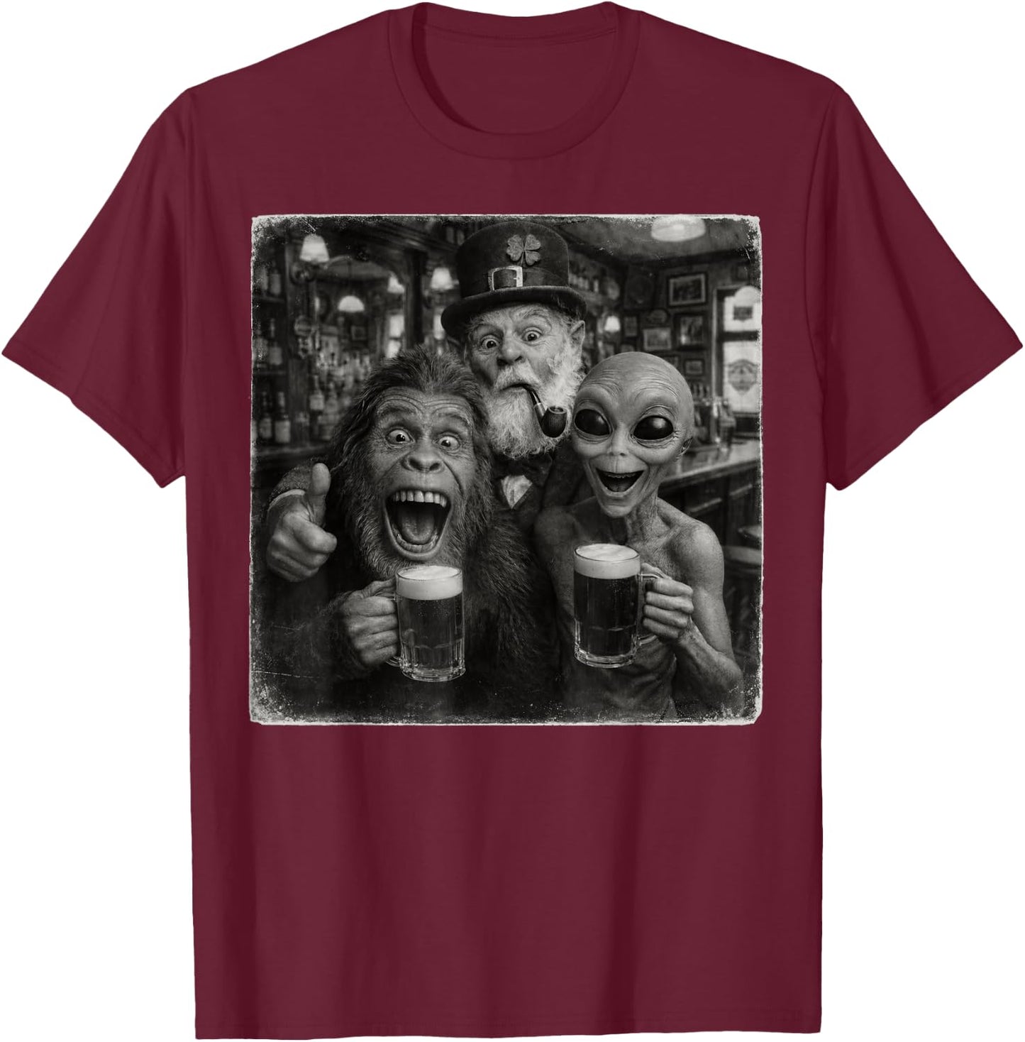 Alien Bigfoot Leprechaun Funny Selfie Squad Memes st Patrick T-Shirt - T-Shirt | Maroon