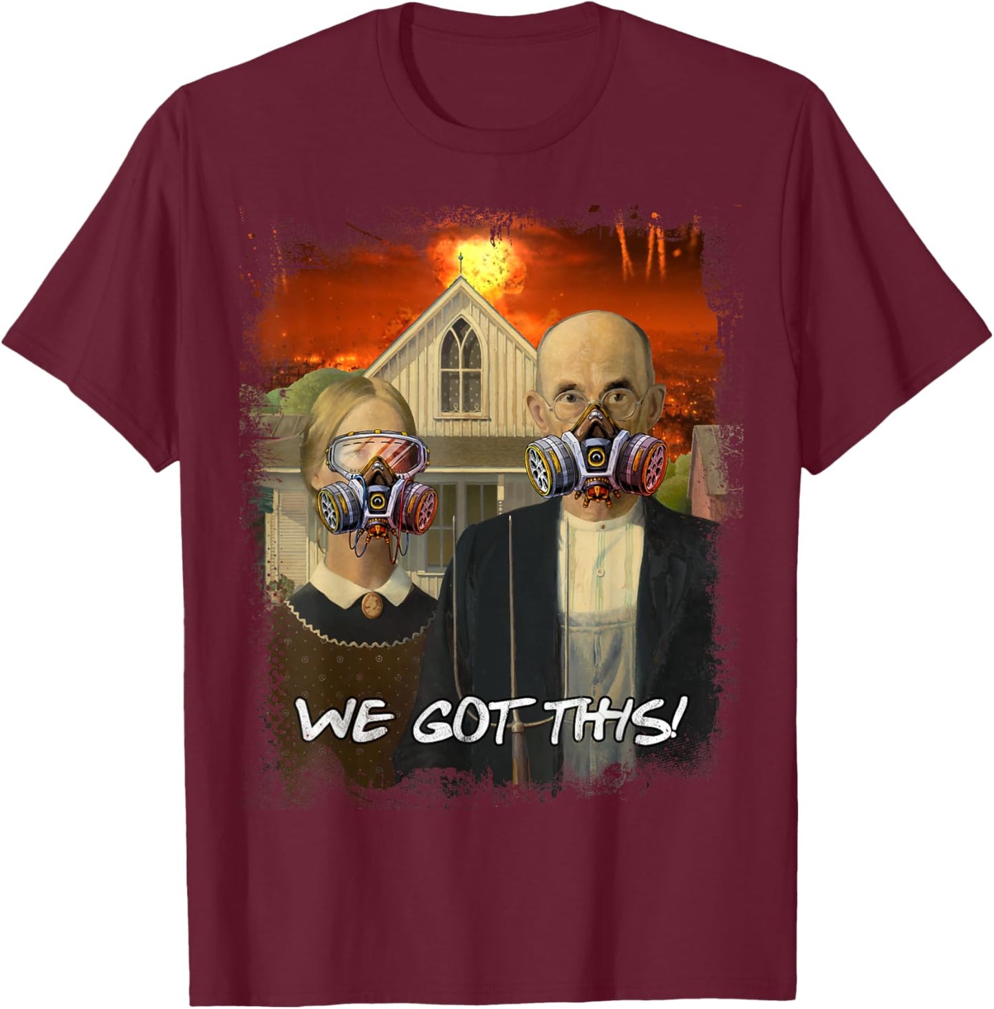 Preppers Gifts American Gothic Parody Doomsday Survival Gear T-Shirt - T-Shirt | Maroon