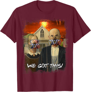 Preppers Gifts American Gothic Parody Doomsday Survival Gear T-Shirt - T-Shirt | Maroon