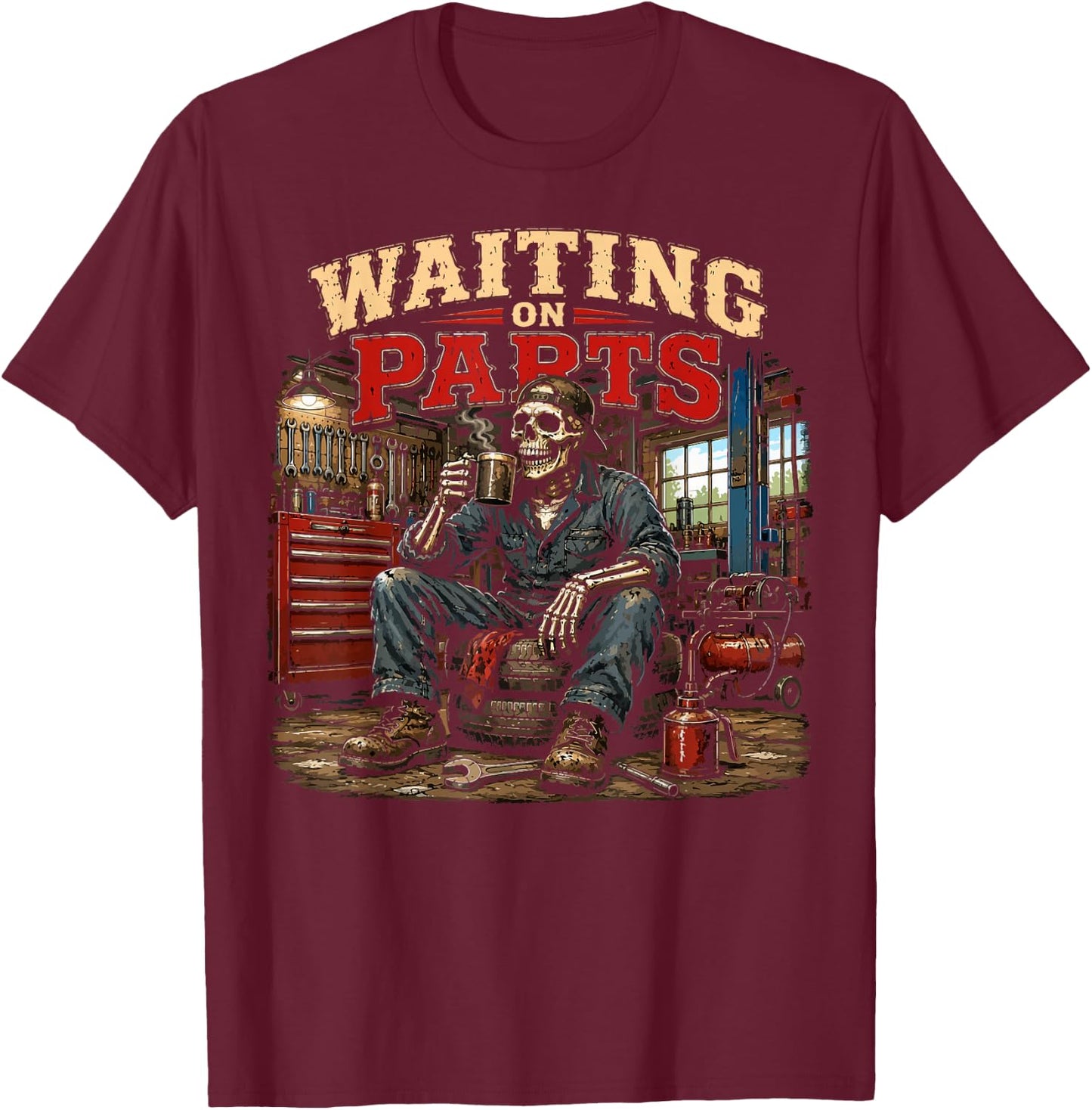 Mechanic Men Auto Repair Waiting on Parts Car Technician T-Shirt - T-Shirt | Maroon